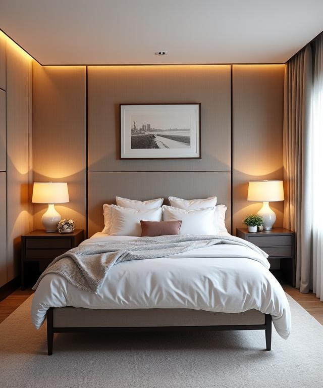 A beautifully designed residential bedroom with a custom feature wall.